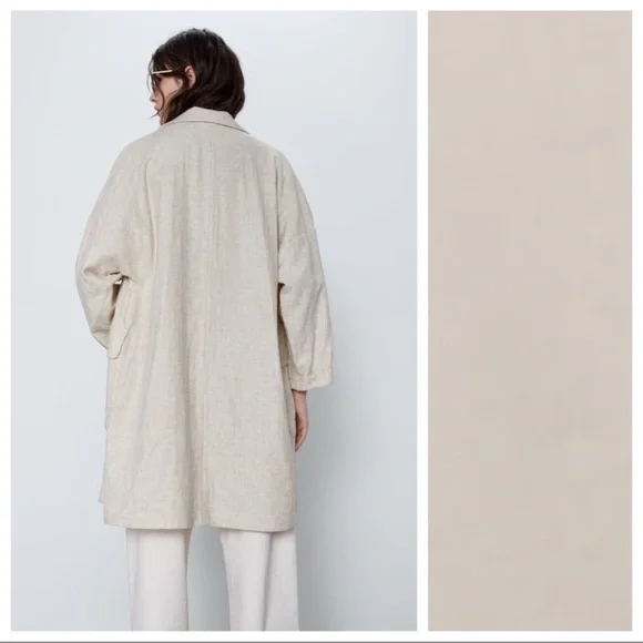 Zara Linen Blend Cream Tan Rustic Oversized Long Blazer Jacket - Picture 2 of 10